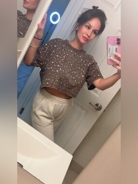 Galita Embellished  super cute Brown Crop Sweatshirt